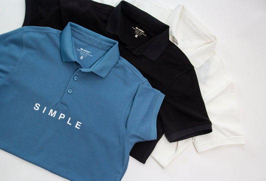 three polo shirts with the word simple printed on them