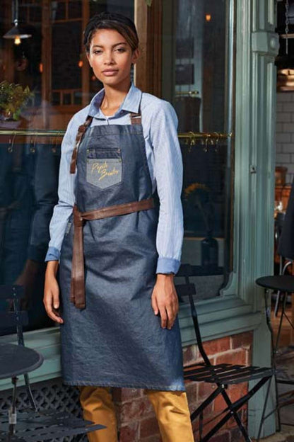 PR136 - 'DIVISION' WAXED LOOK DENIM BIB APRON WITH FAUX LEATHER