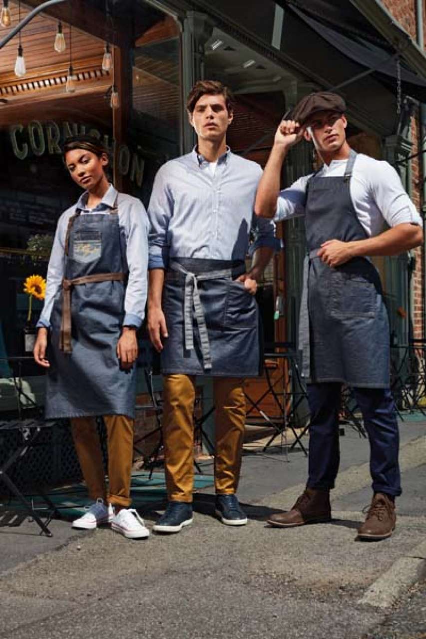 PR136 - 'DIVISION' WAXED LOOK DENIM BIB APRON WITH FAUX LEATHER