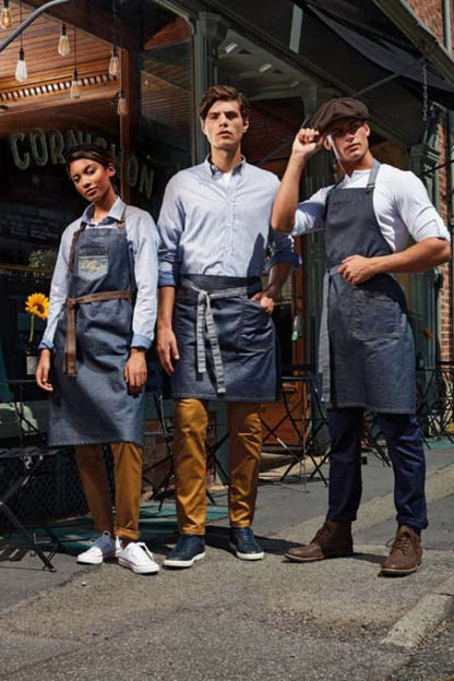 PR136 - 'DIVISION' WAXED LOOK DENIM BIB APRON WITH FAUX LEATHER