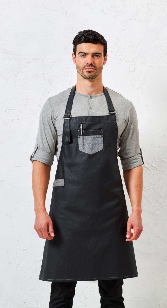 PR136 - 'DIVISION' WAXED LOOK DENIM BIB APRON WITH FAUX LEATHER