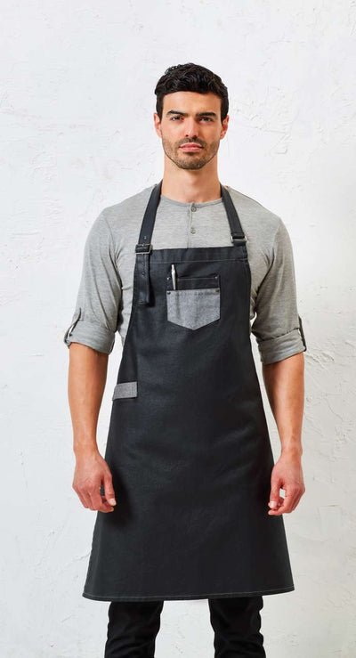 PR136 - 'DIVISION' WAXED LOOK DENIM BIB APRON WITH FAUX LEATHER
