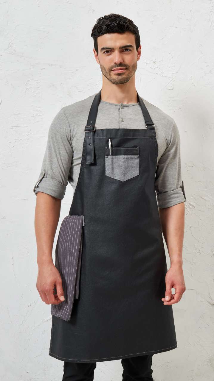 PR136 - 'DIVISION' WAXED LOOK DENIM BIB APRON WITH FAUX LEATHER