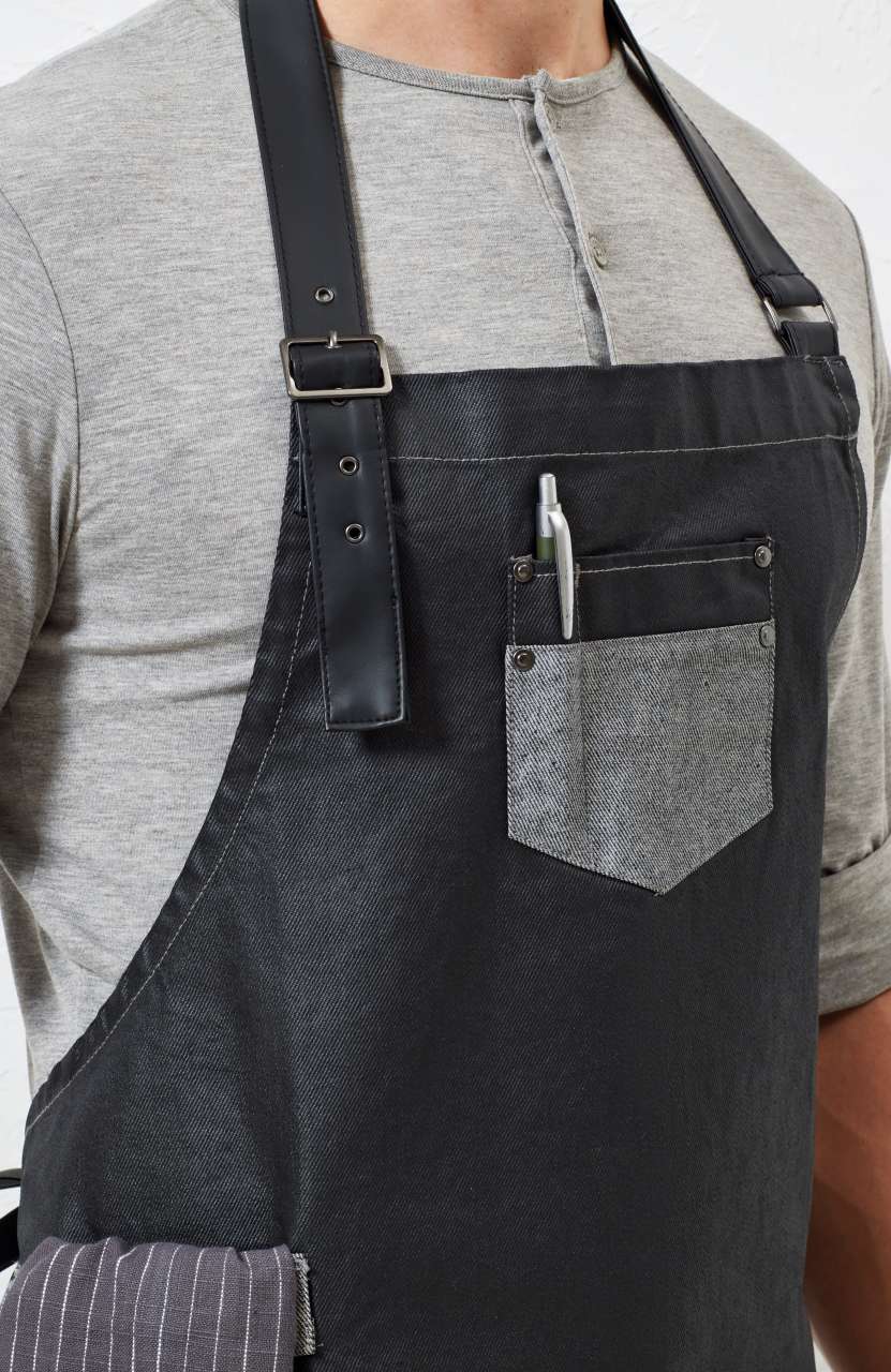 PR136 - 'DIVISION' WAXED LOOK DENIM BIB APRON WITH FAUX LEATHER