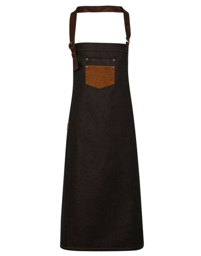 PR136 - 'DIVISION' WAXED LOOK DENIM BIB APRON WITH FAUX LEATHER