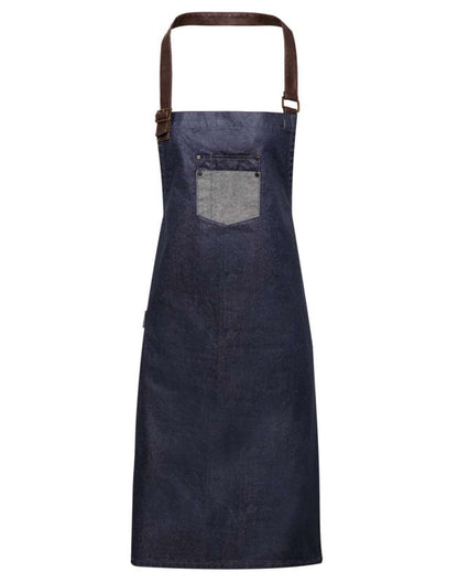 PR136 - 'DIVISION' WAXED LOOK DENIM BIB APRON WITH FAUX LEATHER